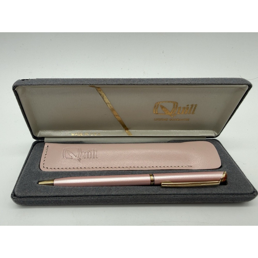 Vintage QUILL Gold Tone Pink Ball Point Pen in Original Box Mack Trucks Bulldog